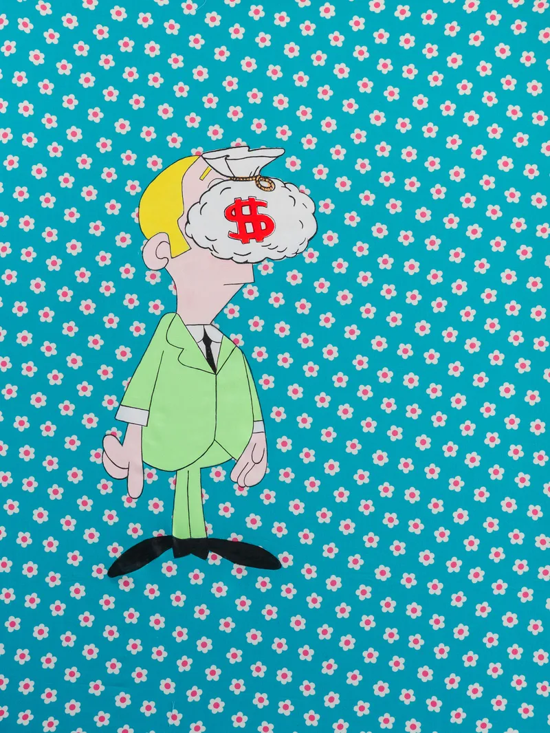 A satirical Pop Art piece featuring a mid-century style cartoon businessman whose head is replaced by a bulging money bag, set against a whimsical repetitive floral pattern. The work utilizes a bold, graphic aesthetic to offer a biting social commentary on greed and corporate identity. The juxtaposition of the serious subject matter with the playful, decorative background creates a jarring and effective cross-cultural irony.