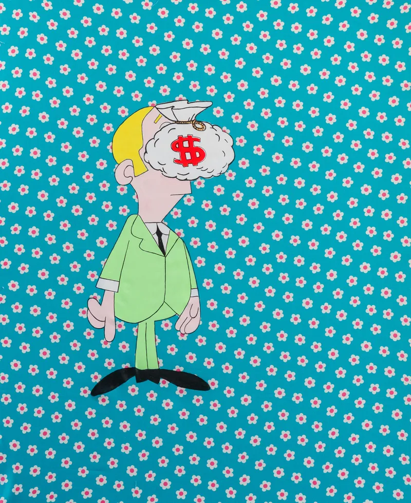 A satirical Pop Art piece featuring a mid-century style cartoon businessman whose head is replaced by a bulging money bag, set against a whimsical repetitive floral pattern. The work utilizes a bold, graphic aesthetic to offer a biting social commentary on greed and corporate identity. The juxtaposition of the serious subject matter with the playful, decorative background creates a jarring and effective cross-cultural irony.