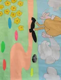 A vibrant and playful composition featuring a vintage-style cartoon character traversing a whimsical landscape of oversized yellow flowers and abstract oval forms. The piece utilizes flat color fields and a flattened perspective to create a nostalgic, pop-surrealist mood typical of cross-cultural contemporary art.