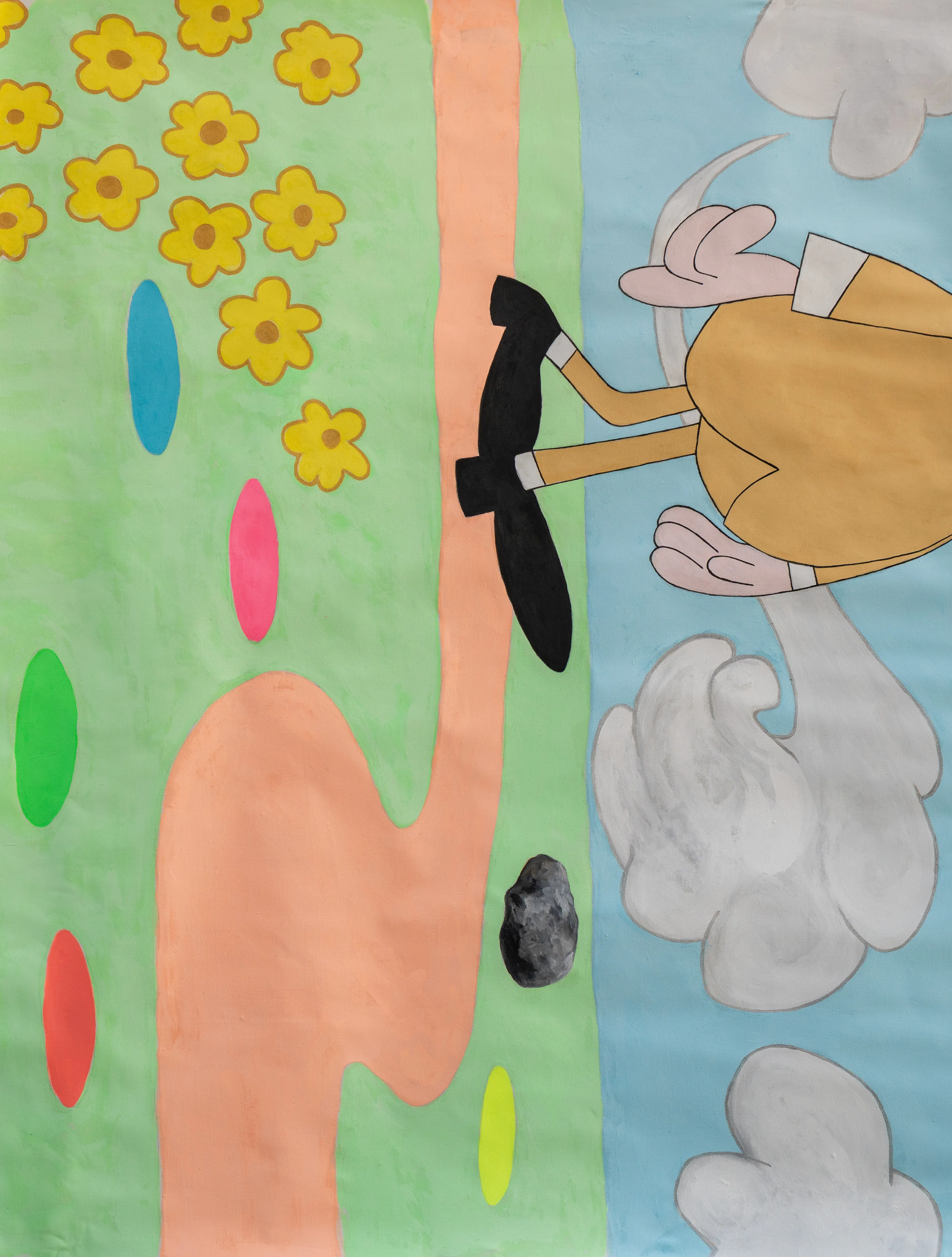 A vibrant and playful composition featuring a vintage-style cartoon character traversing a whimsical landscape of oversized yellow flowers and abstract oval forms. The piece utilizes flat color fields and a flattened perspective to create a nostalgic, pop-surrealist mood typical of cross-cultural contemporary art.