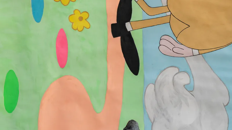 A vibrant and playful composition featuring a vintage-style cartoon character traversing a whimsical landscape of oversized yellow flowers and abstract oval forms. The piece utilizes flat color fields and a flattened perspective to create a nostalgic, pop-surrealist mood typical of cross-cultural contemporary art.