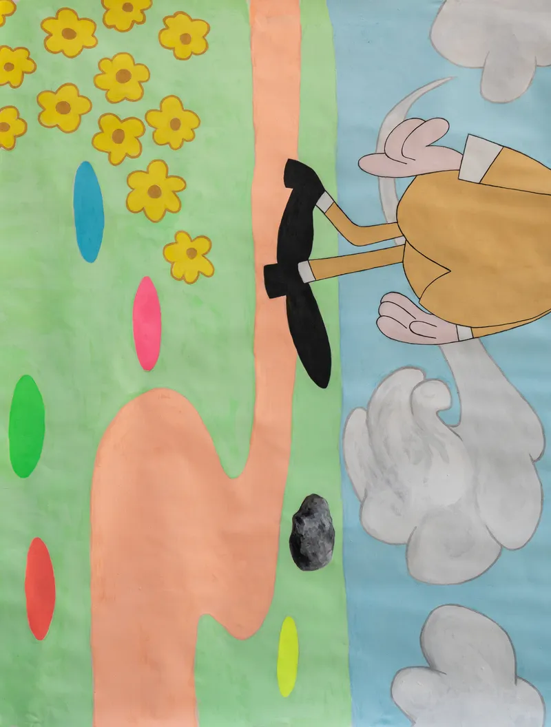 A vibrant and playful composition featuring a vintage-style cartoon character traversing a whimsical landscape of oversized yellow flowers and abstract oval forms. The piece utilizes flat color fields and a flattened perspective to create a nostalgic, pop-surrealist mood typical of cross-cultural contemporary art.