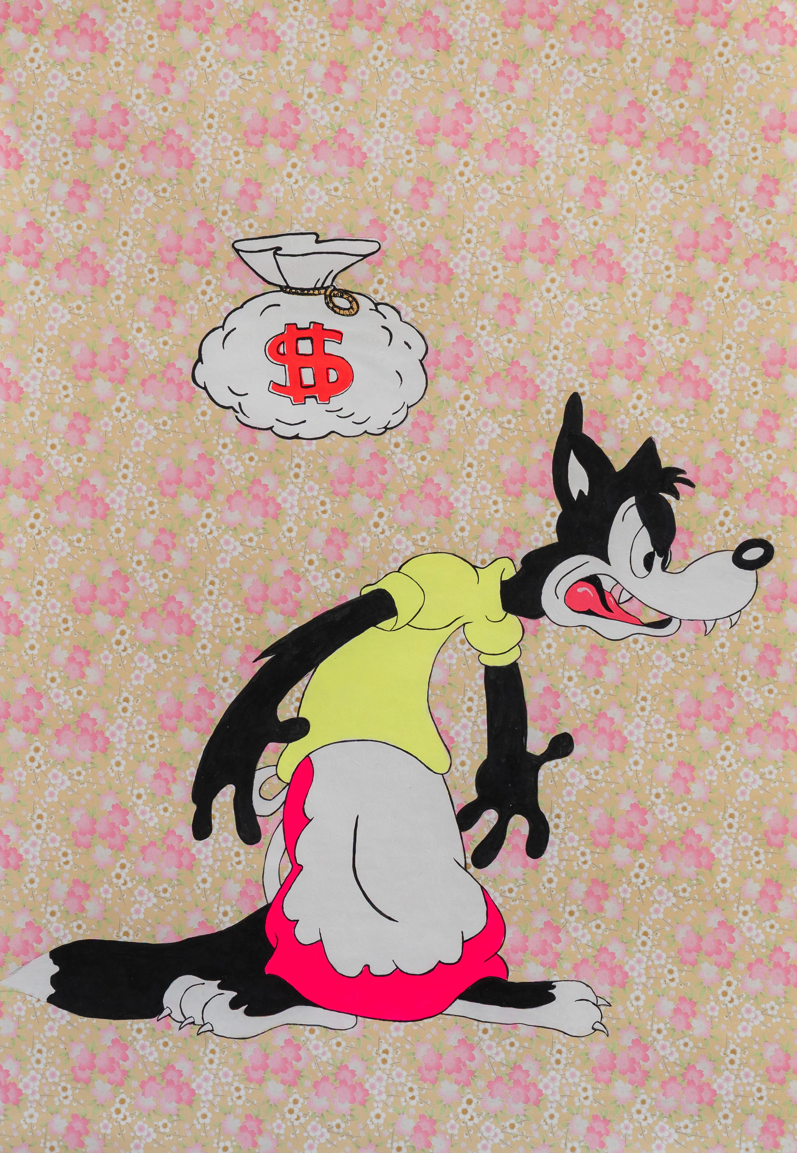 This piece juxtaposes a classic American cartoon icon with a traditional Japanese-style floral pattern, reflecting the artist's cross-cultural experiences in Tokyo. The flat, bold application of color on a patterned substrate creates a vibrant Pop Art aesthetic that explores themes of greed and consumerism. The contrast between the menacing character and the delicate, repetitive background highlights a playful yet cynical mood.