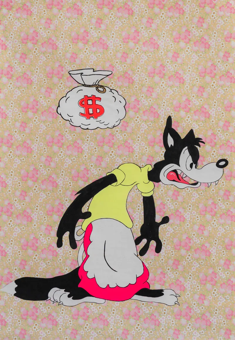 This piece juxtaposes a classic American cartoon icon with a traditional Japanese-style floral pattern, reflecting the artist's cross-cultural experiences in Tokyo. The flat, bold application of color on a patterned substrate creates a vibrant Pop Art aesthetic that explores themes of greed and consumerism. The contrast between the menacing character and the delicate, repetitive background highlights a playful yet cynical mood.