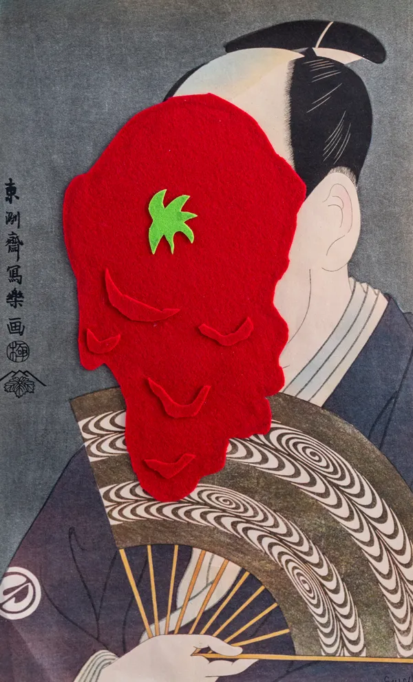 This piece features a vibrant, red felt appliqué layered over a traditional Japanese ukiyo-e portrait, creating a playful and irreverent cross-cultural dialogue. The tactile, modern material of the felt contrasts sharply with the historical woodblock print style, exploring themes of identity and cultural masking. This work exemplifies the artist's engagement with his Tokyo environment through a whimsical, contemporary lens.