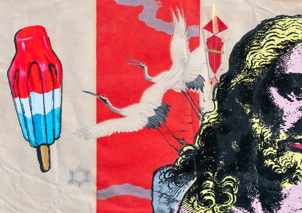 This vibrant work juxtaposes quintessential American pop symbols with traditional Japanese motifs, featuring a rocket pop alongside red-crowned cranes and an origami element. The composition uses a collage-like aesthetic on weathered paper to explore the intersections of cross-cultural identity and memory. Bold graphic lines and a layered portrait add a contemporary, street-art-inspired dimension to the piece.