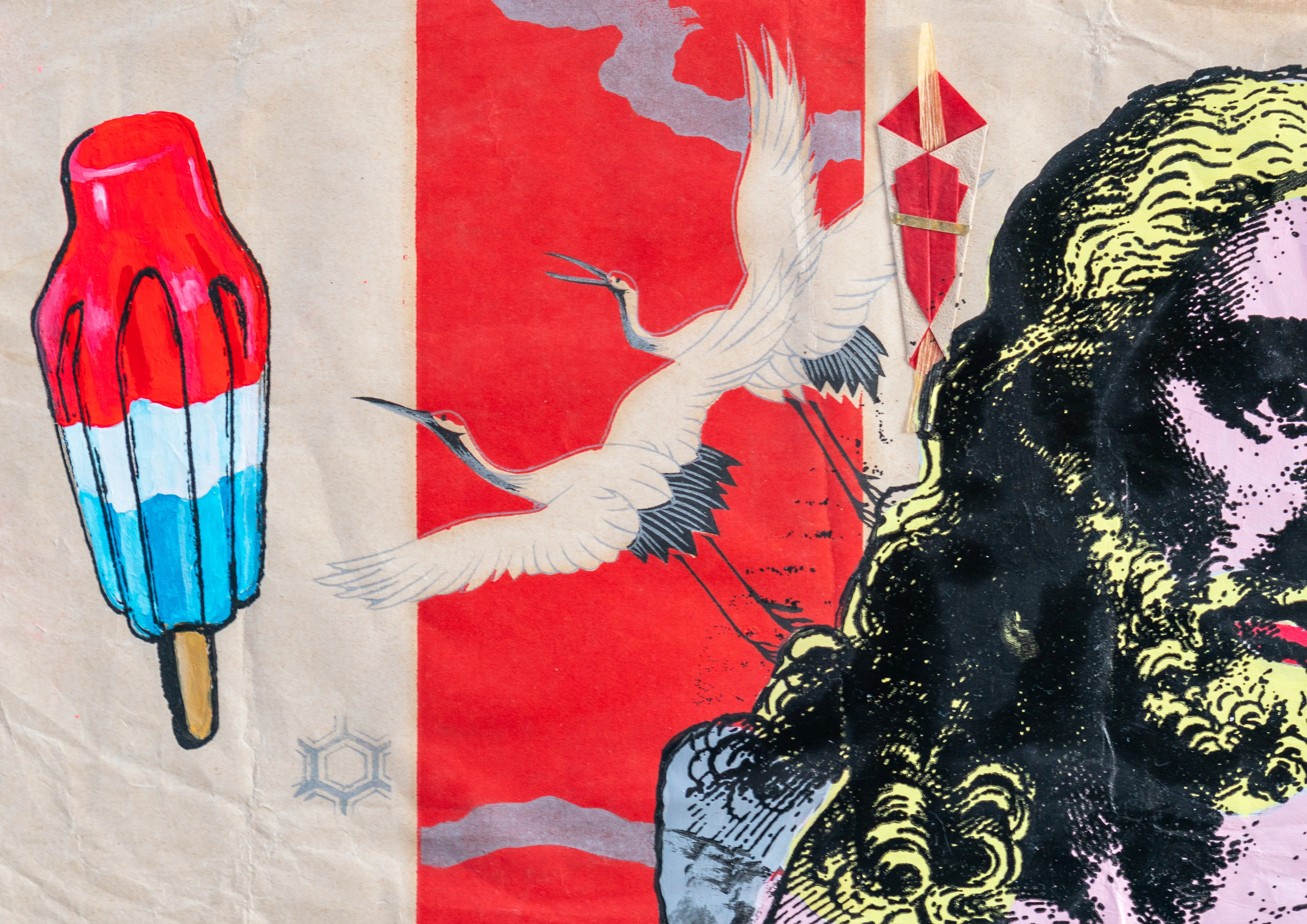 This vibrant work juxtaposes quintessential American pop symbols with traditional Japanese motifs, featuring a rocket pop alongside red-crowned cranes and an origami element. The composition uses a collage-like aesthetic on weathered paper to explore the intersections of cross-cultural identity and memory. Bold graphic lines and a layered portrait add a contemporary, street-art-inspired dimension to the piece.