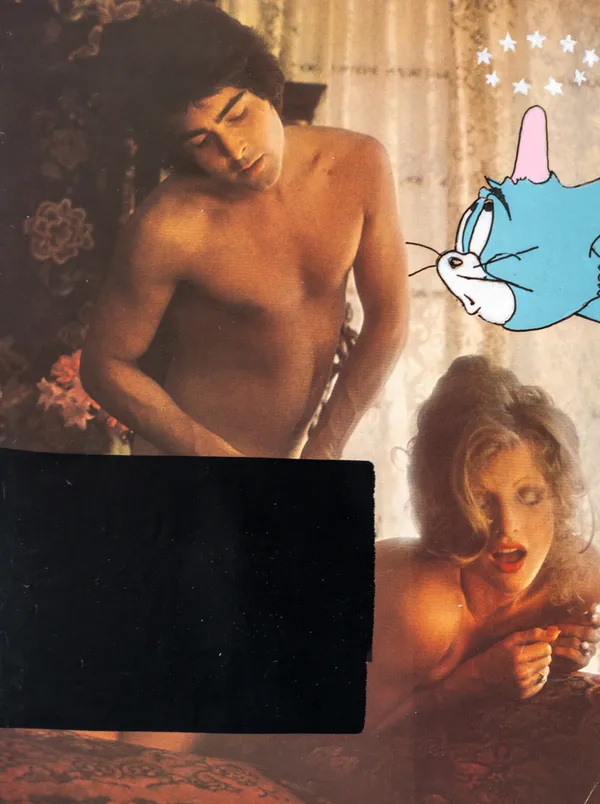 This subversive piece juxtaposes a vintage, cinematic erotic scene with a hand-painted cartoon character, creating a humorous commentary on voyeurism and pop culture. The artist utilizes a bold black censorship block alongside whimsical animation tropes to bridge the gap between adult themes and childhood nostalgia. The work reflects a playful, cross-cultural interrogation of media consumption and memory.
