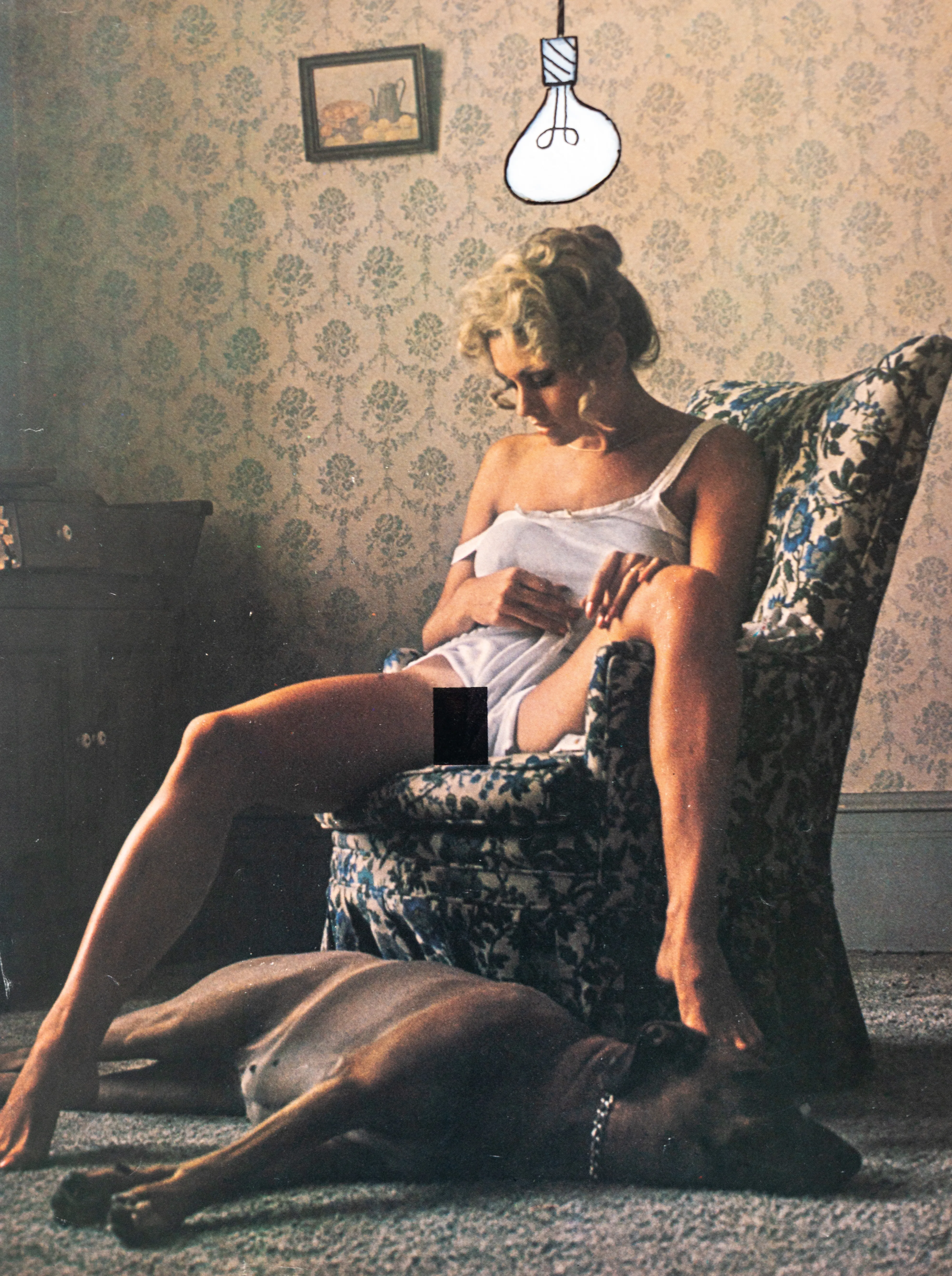 This piece juxtaposes a vintage-style photographic interior with whimsical, hand-drawn elements like a cartoonish lightbulb. The mood is intimate and voyeuristic, disrupted by graphic censorship and an illustrative overlay that suggests a narrative of sudden inspiration or inner thought. The cross-cultural aesthetic is evident in the blend of Western retro imagery with a contemporary, almost pop-art sensibility.