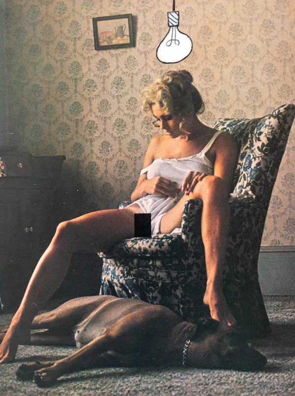 This piece juxtaposes a vintage-style photographic interior with whimsical, hand-drawn elements like a cartoonish lightbulb. The mood is intimate and voyeuristic, disrupted by graphic censorship and an illustrative overlay that suggests a narrative of sudden inspiration or inner thought. The cross-cultural aesthetic is evident in the blend of Western retro imagery with a contemporary, almost pop-art sensibility.