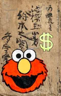 This piece features a bold, acrylic rendering of Elmo's face and a neon dollar sign superimposed over traditional Japanese calligraphy. The juxtaposition of Western pop culture icons and Eastern script creates a striking commentary on global consumerism and cultural hybridization. The weathered texture of the paper adds a sense of historical depth to the playful, contemporary subject matter.