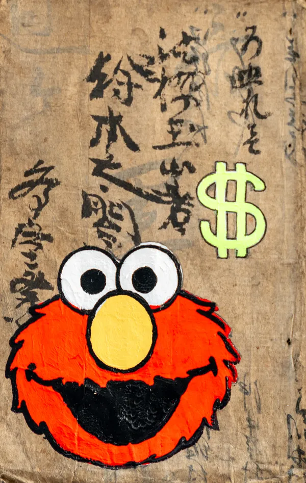 This piece features a bold, acrylic rendering of Elmo's face and a neon dollar sign superimposed over traditional Japanese calligraphy. The juxtaposition of Western pop culture icons and Eastern script creates a striking commentary on global consumerism and cultural hybridization. The weathered texture of the paper adds a sense of historical depth to the playful, contemporary subject matter.
