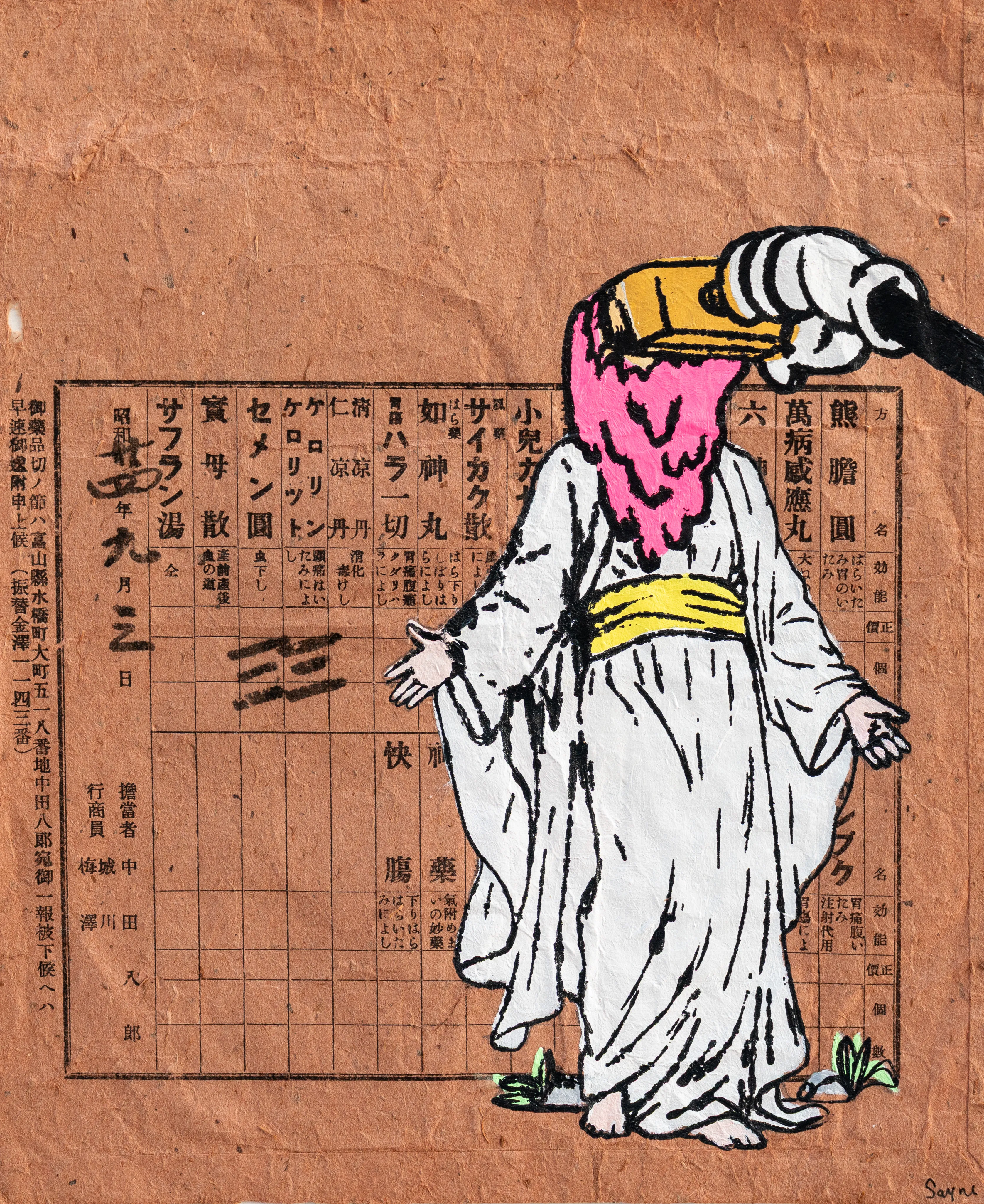A vibrant, surreal figure with a textured pink face is superimposed over an aged Japanese medicinal ledger. The piece creates a striking dialogue between traditional historical ephemera and contemporary pop-inspired imagery, reflecting the artist's cross-cultural experience. The thick application of acrylic on the figure provides a bold, tactile contrast to the fragile, weathered paper background.