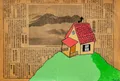 This piece features a brightly colored, stylized cottage painted atop a vintage Japanese newspaper, creating a sharp contrast between modern folk aesthetics and historical media. The flat, opaque application of vibrant primary colors pops against the sepia-toned text and traditional mountain illustration, reflecting a playful cross-cultural dialogue. The mood is whimsical yet grounded by the archival nature of the underlying material.