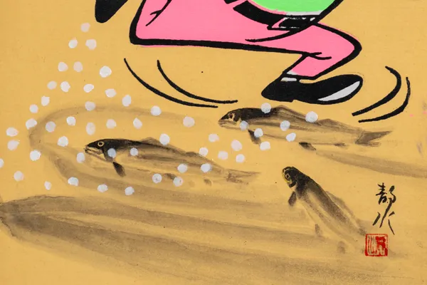 This artwork juxtaposes bold, flat pop-art aesthetics with traditional Japanese ink wash techniques, depicting a cartoonish figure mid-leap over fluidly rendered trout. The piece exemplifies a cross-cultural dialogue, blending Western contemporary illustration with East Asian calligraphic movement. The contrast between the vibrant pinks and greens against the muted, watery tones creates a playful yet sophisticated mood.