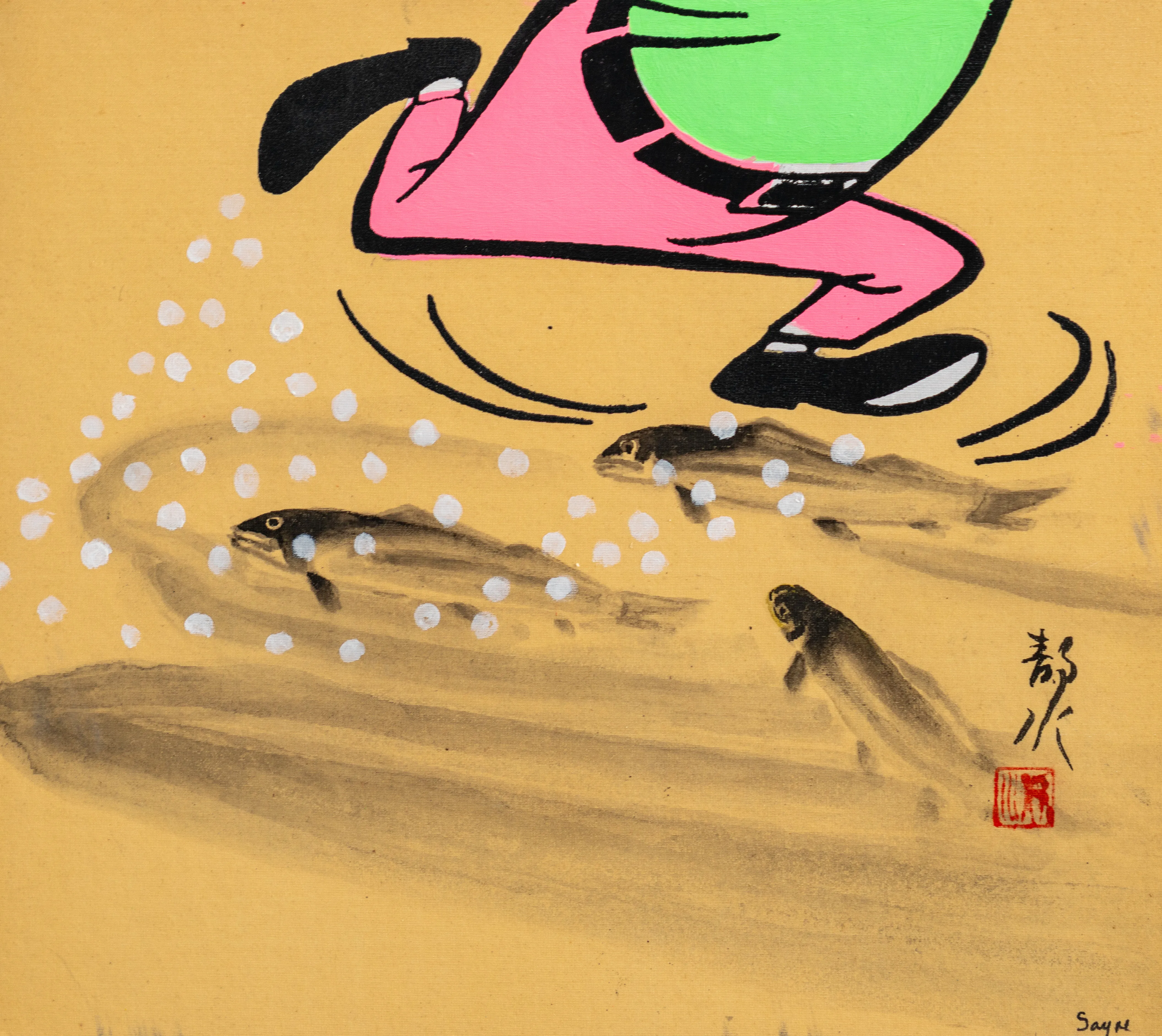 This artwork juxtaposes bold, flat pop-art aesthetics with traditional Japanese ink wash techniques, depicting a cartoonish figure mid-leap over fluidly rendered trout. The piece exemplifies a cross-cultural dialogue, blending Western contemporary illustration with East Asian calligraphic movement. The contrast between the vibrant pinks and greens against the muted, watery tones creates a playful yet sophisticated mood.