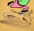 This artwork juxtaposes bold, flat pop-art aesthetics with traditional Japanese ink wash techniques, depicting a cartoonish figure mid-leap over fluidly rendered trout. The piece exemplifies a cross-cultural dialogue, blending Western contemporary illustration with East Asian calligraphic movement. The contrast between the vibrant pinks and greens against the muted, watery tones creates a playful yet sophisticated mood.
