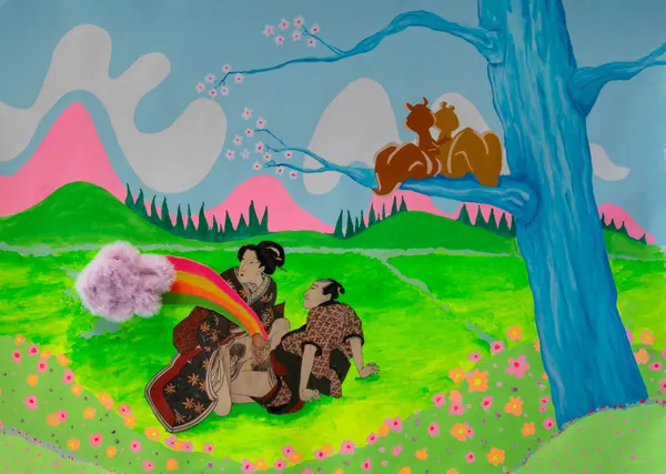 This vibrant work blends traditional Japanese shunga imagery with a whimsical pop-art landscape characterized by neon pink mountains and a tactile, fuzzy 3D cloud. The surreal juxtaposition of erotic historical figures and playful, cartoonish elements creates a humorous and provocative cross-cultural narrative.