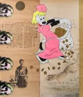 This dynamic collage juxtaposes Western cartoon iconography with Japanese historical elements, featuring a vibrant character scattering gold coins over an imperial portrait and a traditional tiger. The composition utilizes pop-art repetitions and historical text to create a satirical commentary on wealth and cross-cultural influence. The mood is playful yet provocative, blending street art aesthetics with traditional scroll-like textures.