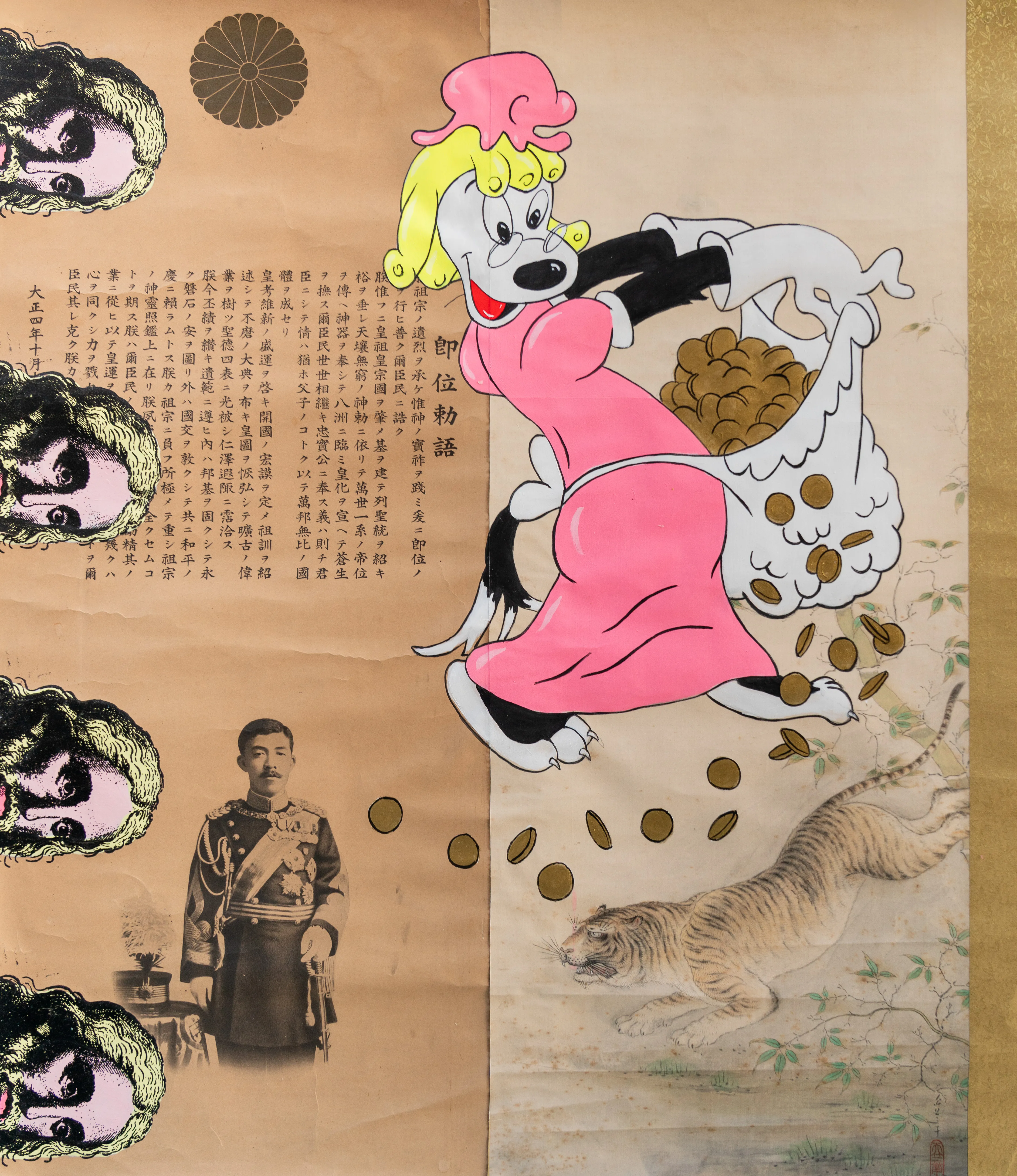 This dynamic collage juxtaposes Western cartoon iconography with Japanese historical elements, featuring a vibrant character scattering gold coins over an imperial portrait and a traditional tiger. The composition utilizes pop-art repetitions and historical text to create a satirical commentary on wealth and cross-cultural influence. The mood is playful yet provocative, blending street art aesthetics with traditional scroll-like textures.