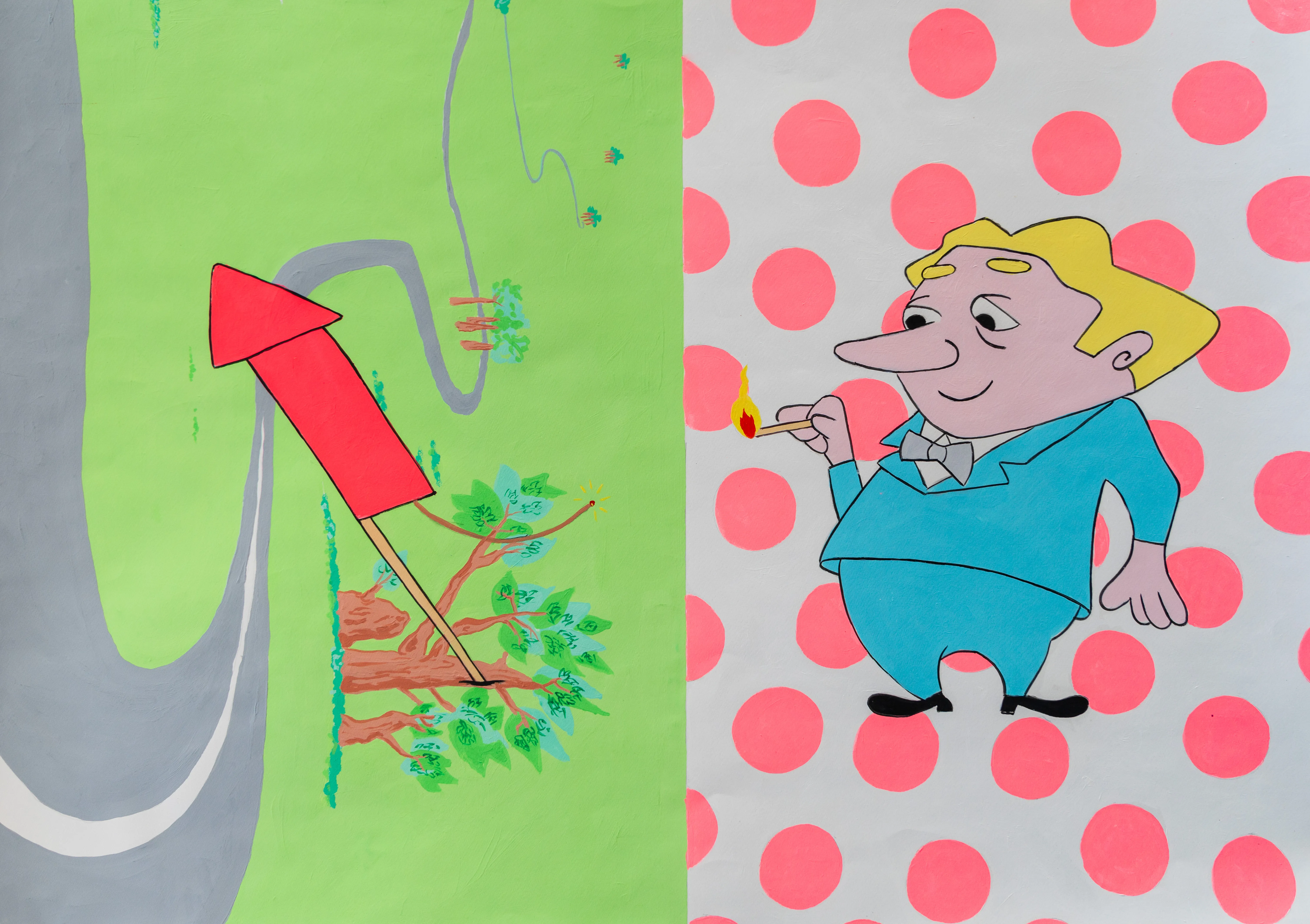 This diptych-style painting combines a high-angle landscape with a playful cartoon figure, reflecting a pop-art influence and cross-cultural narrative. The left panel depicts a large red firework stuck in a serene landscape, while the right features a man in a blue suit holding a lit match against a polka-dot background. The flat, vibrant colors and whimsical subject matter create a mood of humorous anticipation.