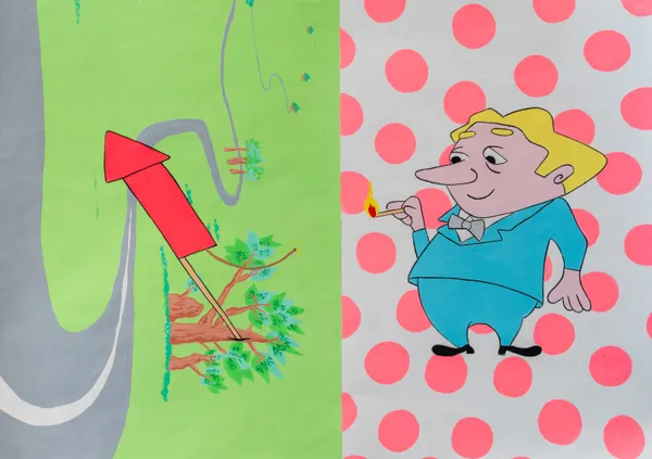 This diptych-style painting combines a high-angle landscape with a playful cartoon figure, reflecting a pop-art influence and cross-cultural narrative. The left panel depicts a large red firework stuck in a serene landscape, while the right features a man in a blue suit holding a lit match against a polka-dot background. The flat, vibrant colors and whimsical subject matter create a mood of humorous anticipation.