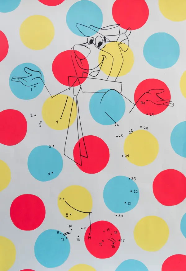 This playful graphic work features a partially completed connect-the-dots outline of the iconic cartoon character Yogi Bear superimposed over a rhythmic pattern of bright, primary-colored circles. The piece explores themes of nostalgia and the intersection of low-brow pop culture with high-art minimalist tropes, creating a vibrant, ironic composition.