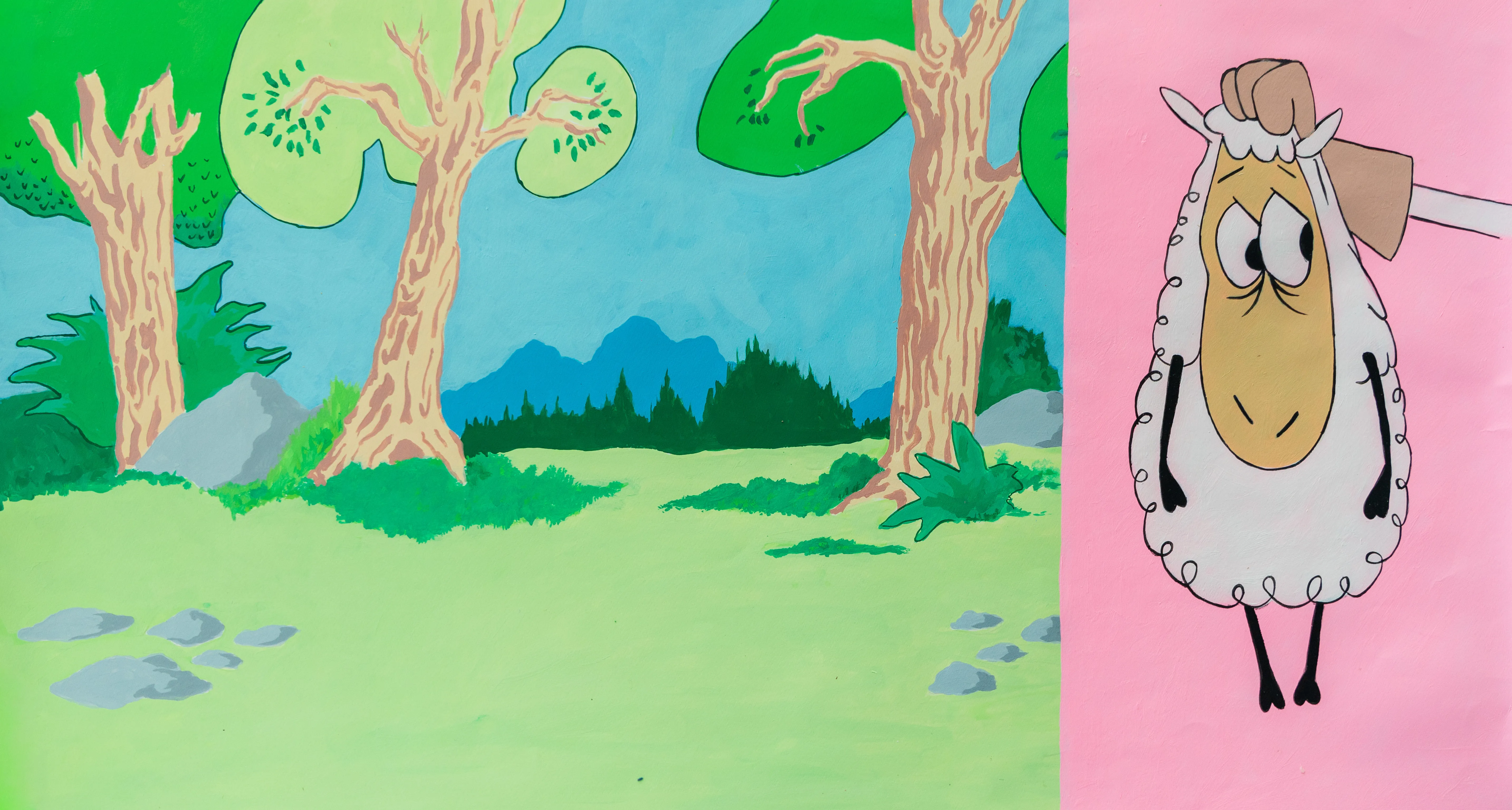 A split-composition piece juxtaposing a serene, stylized forest landscape with a nervous-looking cartoon sheep set against a vibrant pink background. The flat application of color and bold outlines evoke the aesthetic of mid-century animation cels, blending whimsical humor with a sense of impending action.