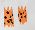 This minimalist composition presents two irregular orange silhouettes adorned with black polka dots against a stark white background. The piece blends a contemporary graphic sensibility with motifs that suggest ancient or cross-cultural textiles. Its clean lines and flat application of color create a playful yet formal study of shape and pattern.