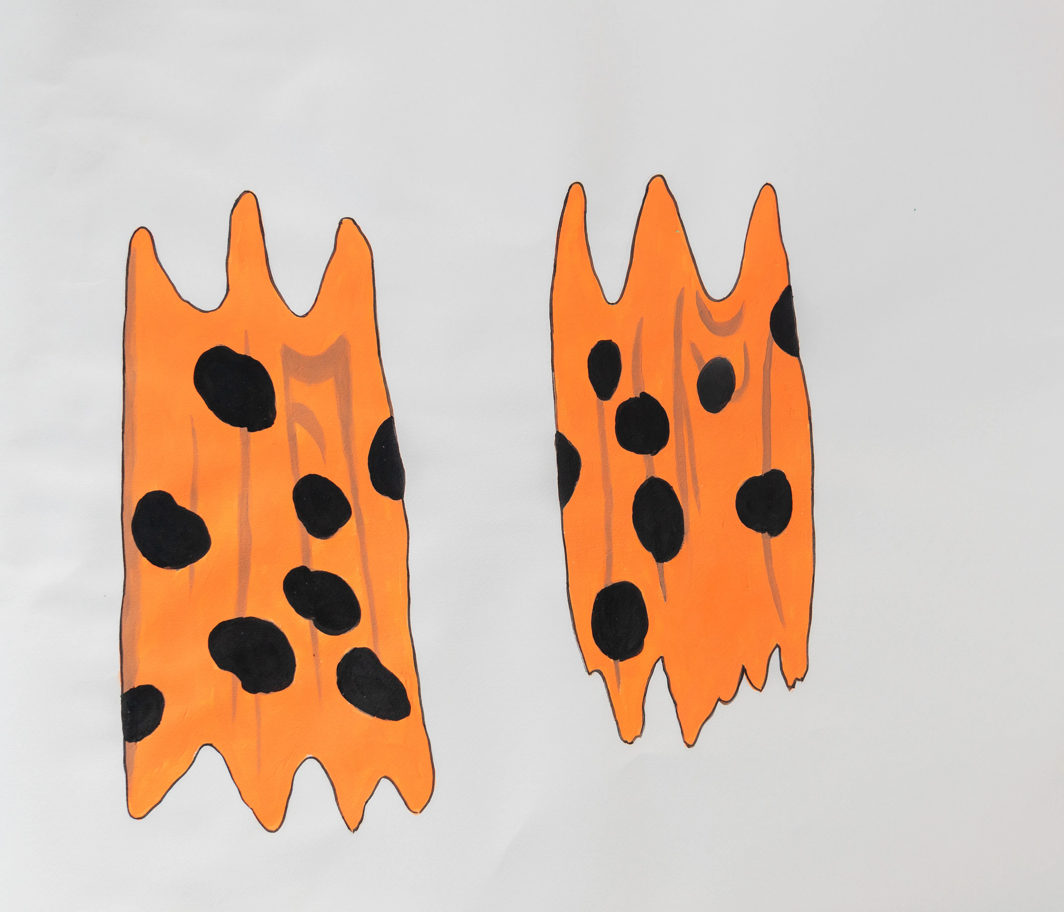 This minimalist composition presents two irregular orange silhouettes adorned with black polka dots against a stark white background. The piece blends a contemporary graphic sensibility with motifs that suggest ancient or cross-cultural textiles. Its clean lines and flat application of color create a playful yet formal study of shape and pattern.