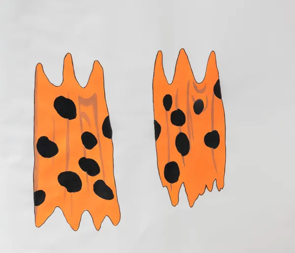This minimalist composition presents two irregular orange silhouettes adorned with black polka dots against a stark white background. The piece blends a contemporary graphic sensibility with motifs that suggest ancient or cross-cultural textiles. Its clean lines and flat application of color create a playful yet formal study of shape and pattern.