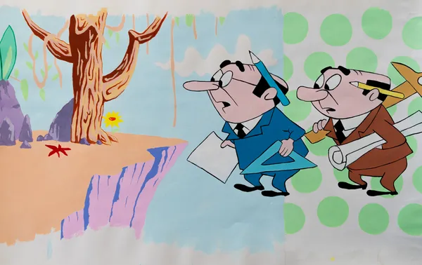 This Pop Art-inspired composition features two cartoonish surveyors peering across a visual divide at a stylized tropical landscape. The piece utilizes a split background of painterly sky and graphic polka dots to contrast the organic world with human planning. The bold outlines and flat colors evoke mid-century animation while exploring contemporary themes of development and nature.