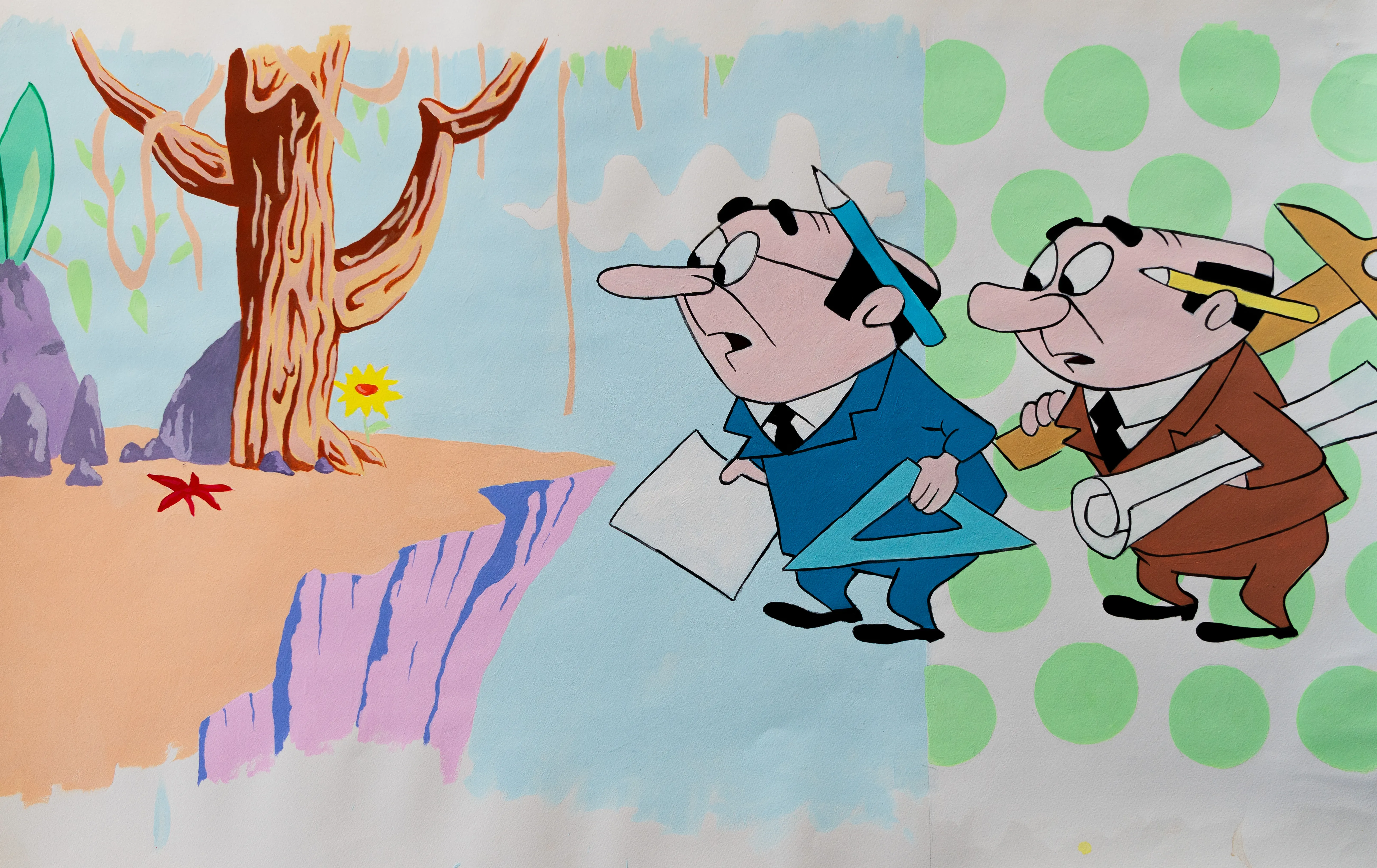 This Pop Art-inspired composition features two cartoonish surveyors peering across a visual divide at a stylized tropical landscape. The piece utilizes a split background of painterly sky and graphic polka dots to contrast the organic world with human planning. The bold outlines and flat colors evoke mid-century animation while exploring contemporary themes of development and nature.