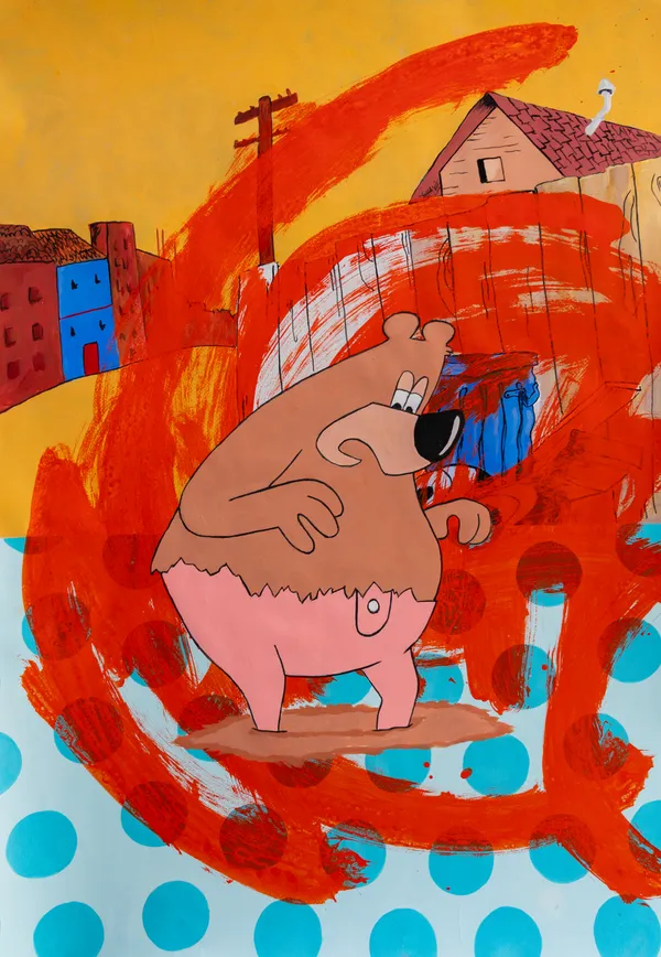 This vibrant neo-pop painting features a cartoonish bear character set against a chaotic urban backdrop of houses and utility poles. The composition is layered with aggressive, expressive red brushstrokes and a graphic turquoise polka-dot pattern, creating a high-energy tension between nostalgic animation styles and contemporary street art.