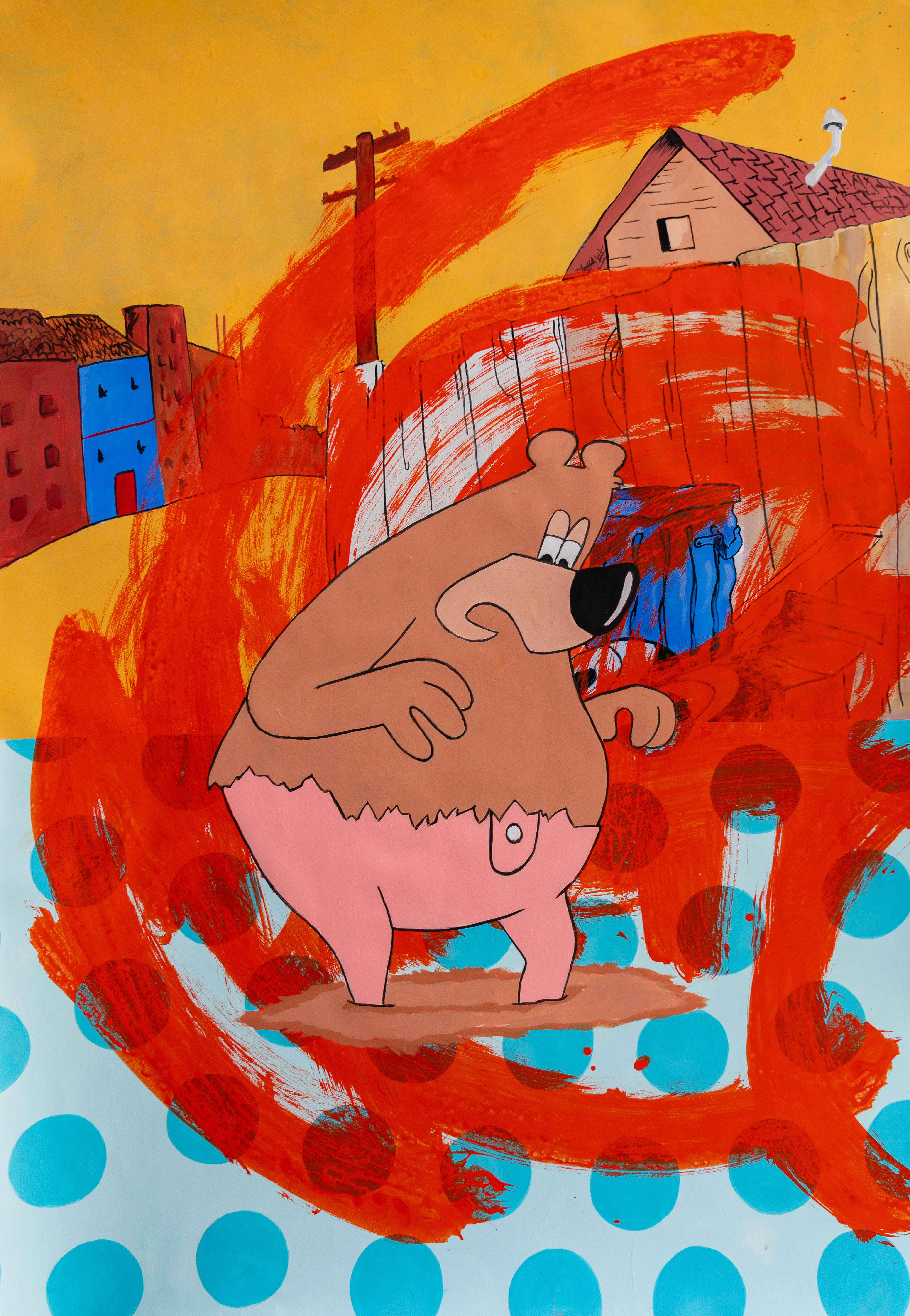 This vibrant neo-pop painting features a cartoonish bear character set against a chaotic urban backdrop of houses and utility poles. The composition is layered with aggressive, expressive red brushstrokes and a graphic turquoise polka-dot pattern, creating a high-energy tension between nostalgic animation styles and contemporary street art.