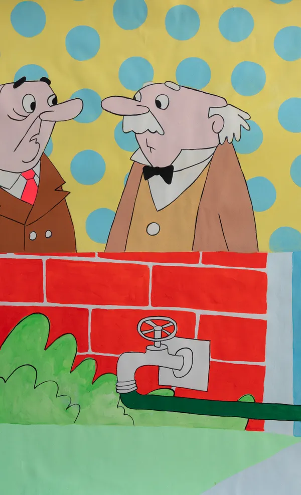 This piece utilizes a flat, graphic style reminiscent of mid-century animation to depict two elderly men peering over a vibrant red brick wall. The juxtaposition of bold, saturated colors with a playful polka-dot background creates a surreal and nostalgic mood typical of cross-cultural contemporary pop art.