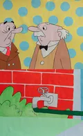 This piece utilizes a flat, graphic style reminiscent of mid-century animation to depict two elderly men peering over a vibrant red brick wall. The juxtaposition of bold, saturated colors with a playful polka-dot background creates a surreal and nostalgic mood typical of cross-cultural contemporary pop art.