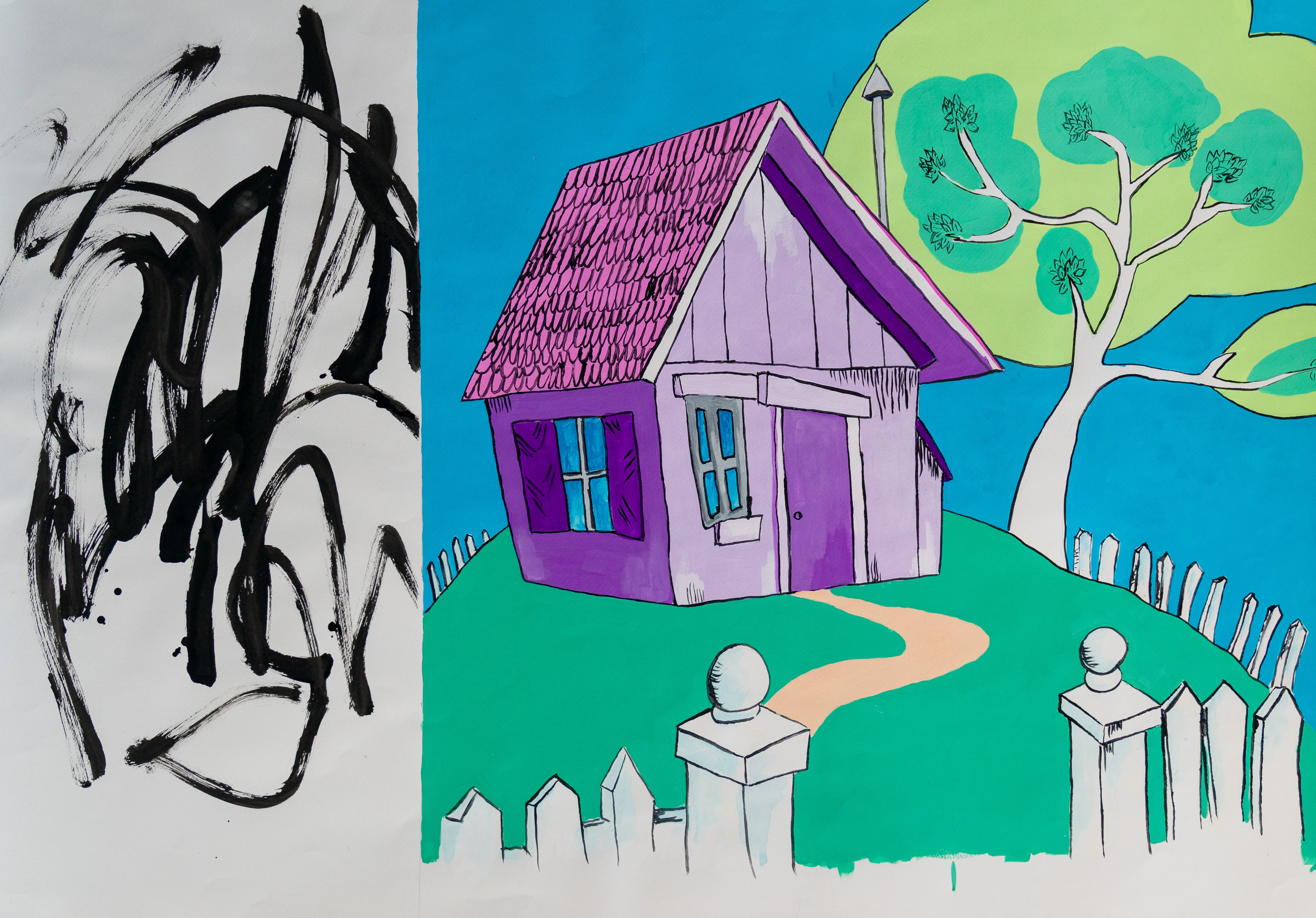 This dynamic composition juxtaposes a whimsical, vibrantly colored illustration of a purple house with a stark panel of expressive black gestural brushwork. The work reflects a cross-cultural dialogue between Western pop-art aesthetics and East Asian calligraphic traditions, highlighting a tension between structured memory and spontaneous emotion. Bold, flat planes of color contrast sharply with the raw energy of the ink, creating a playful yet contemplative narrative.