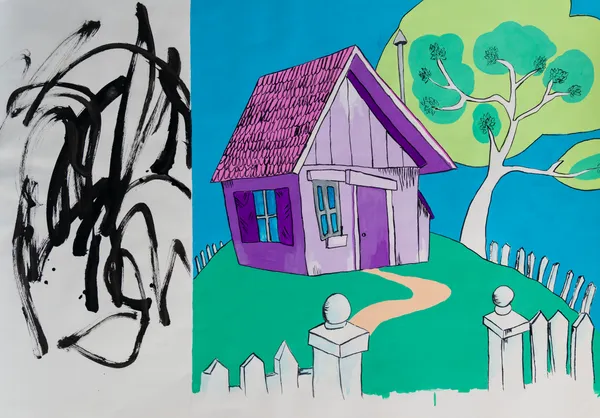 This dynamic composition juxtaposes a whimsical, vibrantly colored illustration of a purple house with a stark panel of expressive black gestural brushwork. The work reflects a cross-cultural dialogue between Western pop-art aesthetics and East Asian calligraphic traditions, highlighting a tension between structured memory and spontaneous emotion. Bold, flat planes of color contrast sharply with the raw energy of the ink, creating a playful yet contemplative narrative.