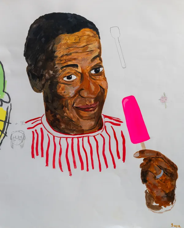 An expressive portrait featuring textured brushwork and a vibrant, flat-colored popsicle that creates a striking visual contrast. The composition includes marginal sketches and anime-inspired doodles, reflecting the artist's cross-cultural influences and Tokyo-based background. The mood is a blend of pop-culture irony and intimate character study.