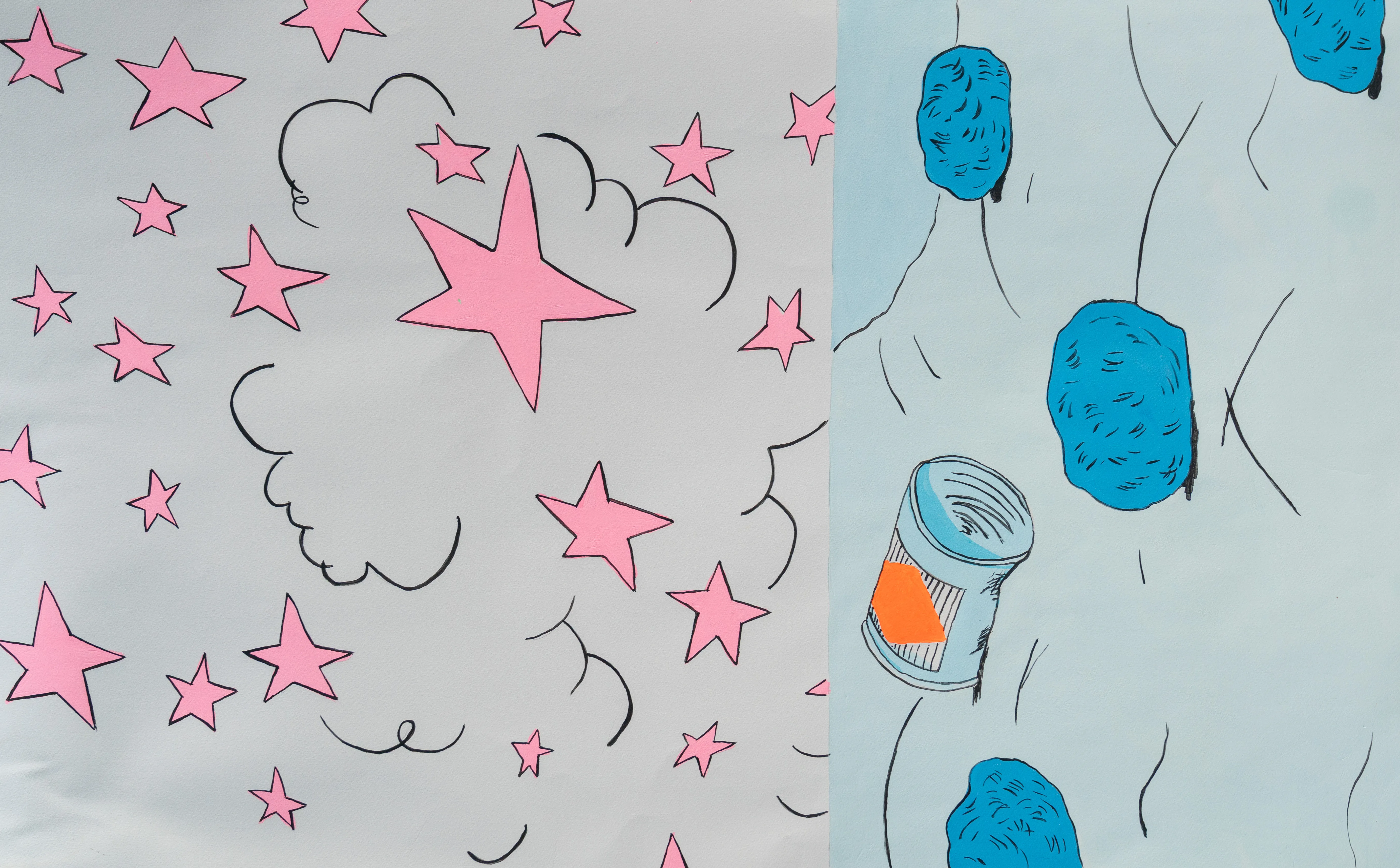 This split-composition work juxtaposes a whimsical field of pink stars and sketchy clouds with an abstract landscape featuring textured blue forms and a solitary discarded can. The style blends pop-art aesthetics with a contemporary illustrative sensibility, creating a playful yet contemplative mood through flat color planes and bold outlines. It reflects the artist's cross-cultural background by merging Western graphic motifs with a unique spatial arrangement.
