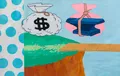 This pop-surrealist composition employs a graphic, illustrative style to explore themes of risk and reward through familiar cartoon tropes like the money bag and anvil. The contrast between the flat blue polka-dot background and the vibrant, textured landscape creates a playful yet tension-filled visual narrative about cross-cultural material values.