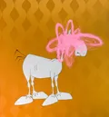 A whimsical yet unsettling depiction of a cartoonish quadruped standing against a vibrant orange background featuring a repetitive, retro wallpaper pattern. The figure's identity is aggressively obscured by a frantic, gestural pink scribble, creating a tension between clean graphic lines and raw expressionistic mark-making. This work exemplifies a contemporary cross-cultural dialogue between Western pop-art sensibilities and psychological abstraction.