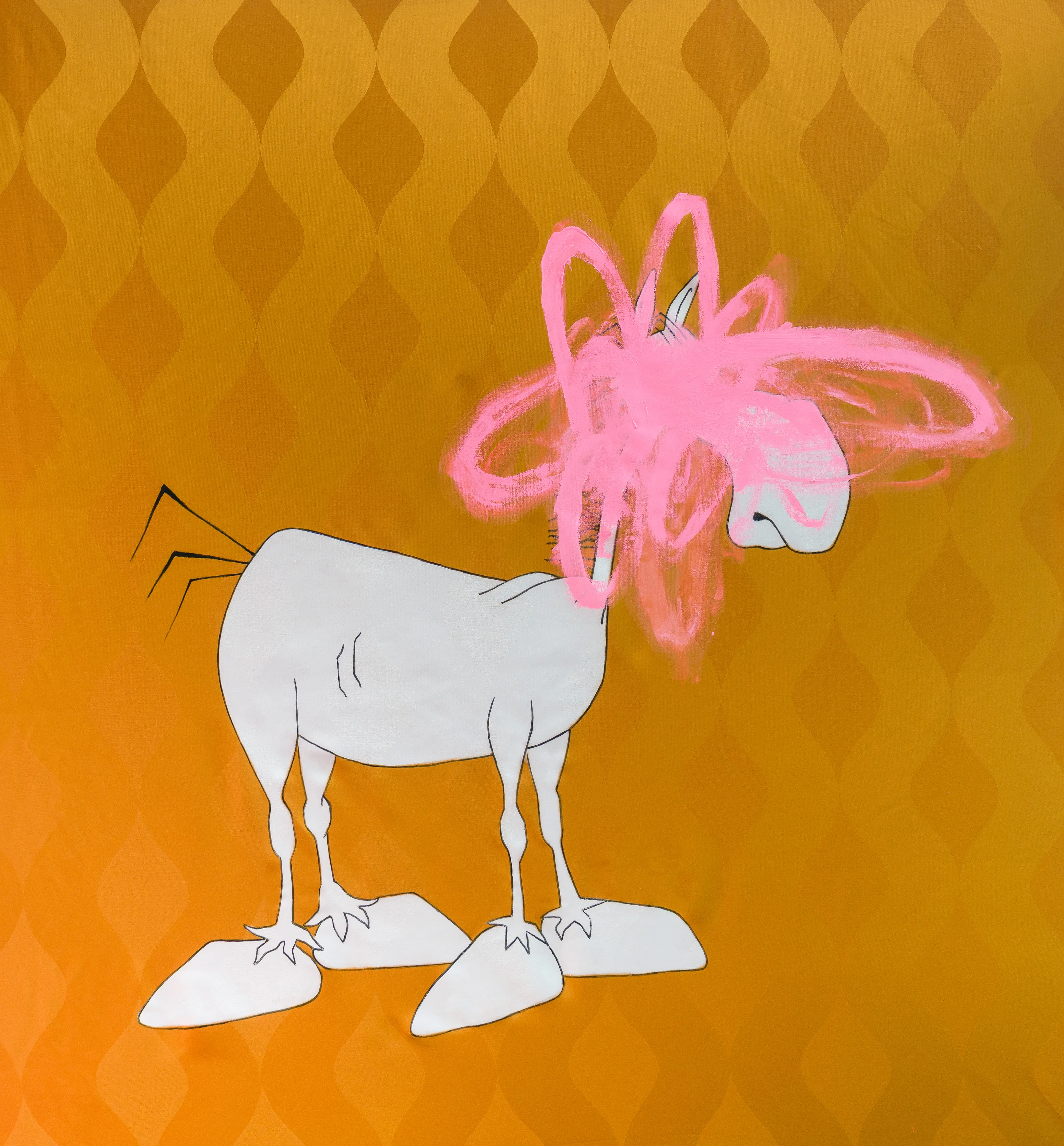 A whimsical yet unsettling depiction of a cartoonish quadruped standing against a vibrant orange background featuring a repetitive, retro wallpaper pattern. The figure's identity is aggressively obscured by a frantic, gestural pink scribble, creating a tension between clean graphic lines and raw expressionistic mark-making. This work exemplifies a contemporary cross-cultural dialogue between Western pop-art sensibilities and psychological abstraction.