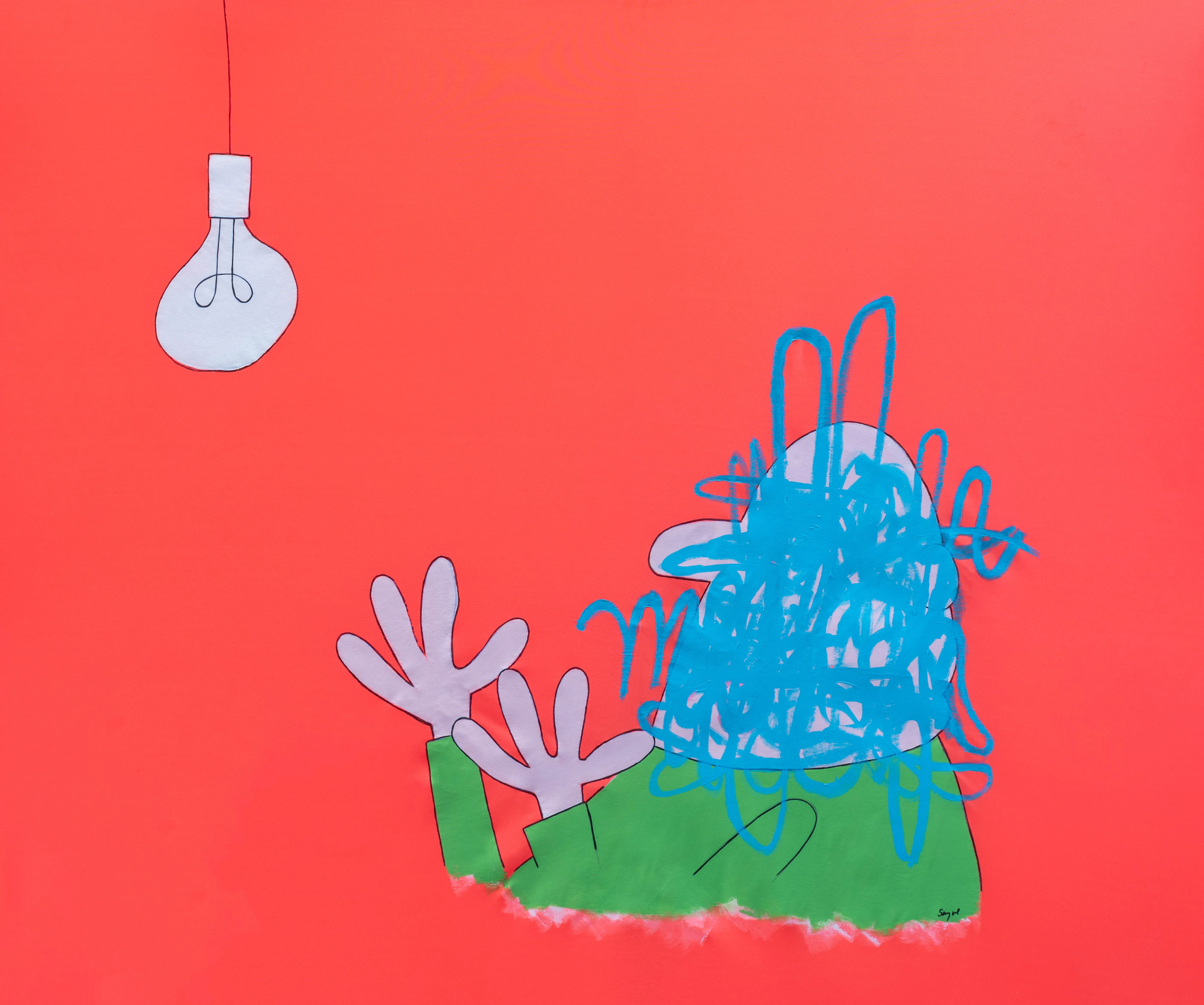 A vibrant contemporary work featuring a cartoonish figure with its face obscured by chaotic blue scribbles, positioned against a saturated red-orange background. The composition centers on the interaction between the gestural abstraction of the head and the clean, graphic lines of a hanging lightbulb, suggesting a tension between clarity and mental static.