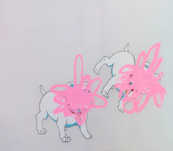 This piece features two minimalist line-drawn puppies whose faces are playfully obscured by thick, expressive scribbles of bubblegum pink paint. The work juxtaposes clean, commercial-style illustration with aggressive gestural abstraction, creating a sense of urban spontaneity and subversion. The neutral, flat background emphasizes the vibrant tension between the representational figures and the disruptive, high-energy mark-making.