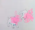 This piece features two minimalist line-drawn puppies whose faces are playfully obscured by thick, expressive scribbles of bubblegum pink paint. The work juxtaposes clean, commercial-style illustration with aggressive gestural abstraction, creating a sense of urban spontaneity and subversion. The neutral, flat background emphasizes the vibrant tension between the representational figures and the disruptive, high-energy mark-making.