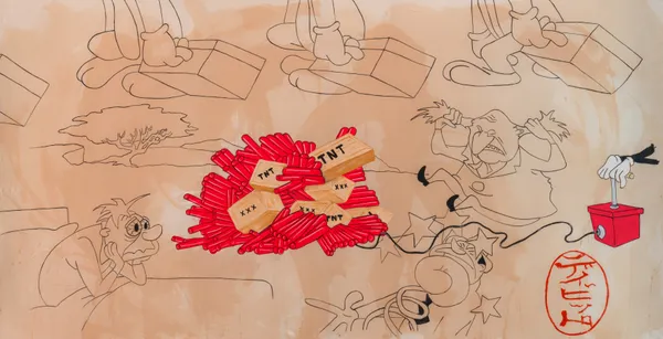 This dynamic work blends vintage animation aesthetics with contemporary pop art, featuring vibrant piles of TNT and dynamite against a muted, washed background. The composition juxtaposes finished color elements with skeletal line drawings of classic cartoon figures, creating a sense of frantic energy and tension. A Japanese hanko-style signature in the lower right highlights the artist's cross-cultural identity as an American creator based in Tokyo.