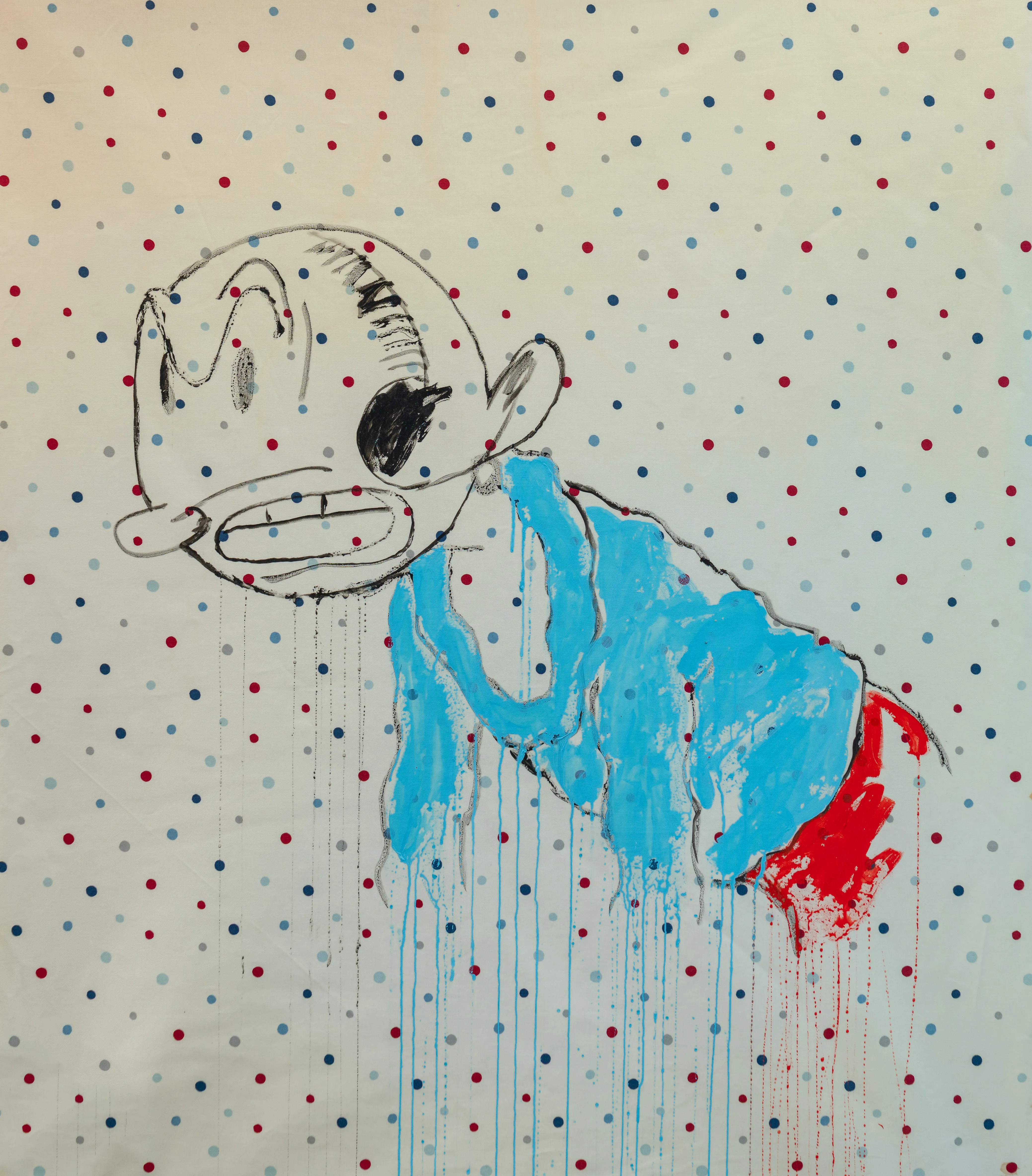 This piece features a distorted, cartoonish figure rendered with expressive drips of vibrant blue and red paint against a rhythmic polka-dot background. The work explores themes of cultural hybridity and the disintegration of familiar icons through gestural mark-making. The contrast between the rigid geometric pattern and the chaotic, melting form creates a striking sense of visual tension.
