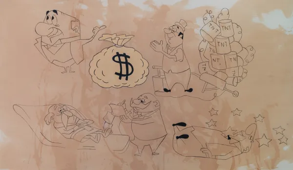 This piece features a collection of characters rendered in a classic mid-century animation style, exploring themes of wealth, psychology, and slapstick destruction. The fine black ink line work is set against a textured, sepia-toned wash that creates a sense of aged nostalgia and archival decay. The composition utilizes vintage American cartoon tropes to present a cynical yet playful commentary on capital and chaos.